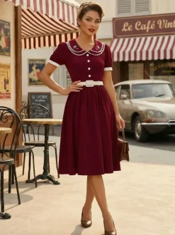 Double Layer Peter Pan Collar Embroidery Puff Sleeve Swing Dress For Women 2026