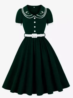Double Layer Peter Pan Collar Embroidery Puff Sleeve Swing Dress For Women 2026