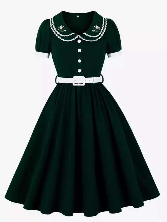 Double Layer Peter Pan Collar Embroidery Puff Sleeve Swing Dress For Women 2026