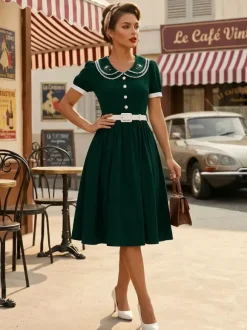 Double Layer Peter Pan Collar Embroidery Puff Sleeve Swing Dress For Women 2026