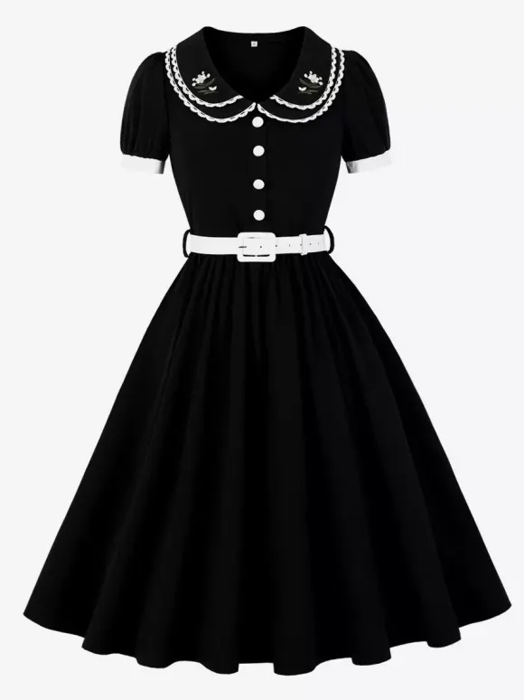 Double Layer Peter Pan Collar Embroidery Puff Sleeve Swing Dress For Women 2026