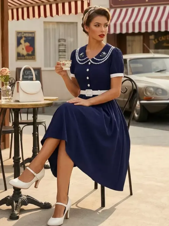 Double Layer Peter Pan Collar Embroidery Puff Sleeve Swing Dress For Women 2026