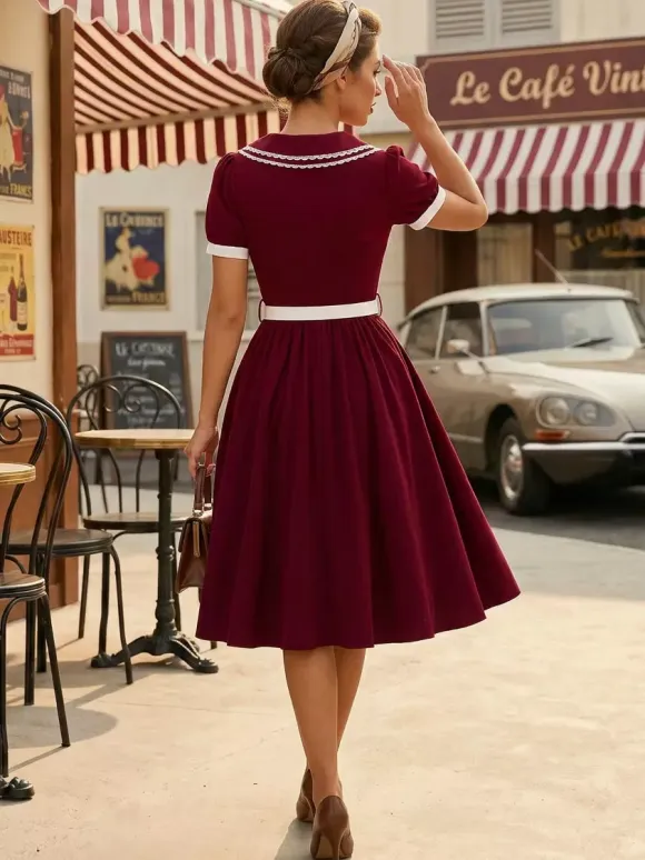 Double Layer Peter Pan Collar Embroidery Puff Sleeve Swing Dress For Women 2026