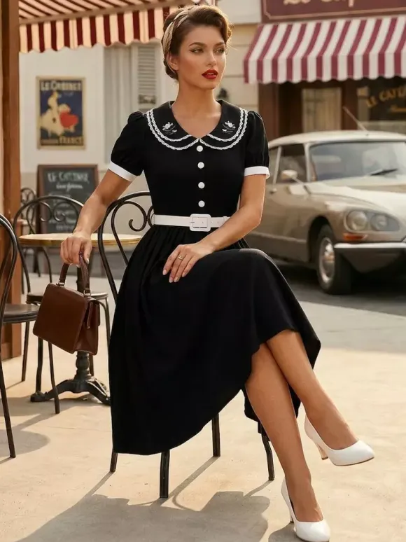 Double Layer Peter Pan Collar Embroidery Puff Sleeve Swing Dress For Women 2026