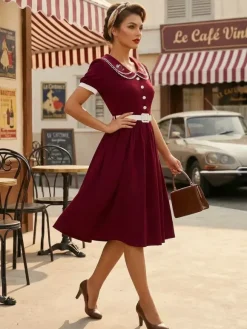 Double Layer Peter Pan Collar Embroidery Puff Sleeve Swing Dress For Women 2026