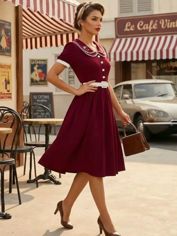 Double Layer Peter Pan Collar Embroidery Puff Sleeve Swing Dress For Women 2026