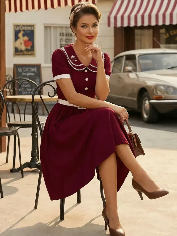 Double Layer Peter Pan Collar Embroidery Puff Sleeve Swing Dress For Women 2026