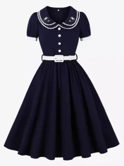 Double Layer Peter Pan Collar Embroidery Puff Sleeve Swing Dress For Women 2026