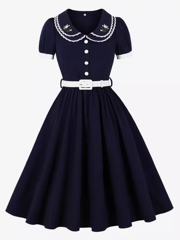 Double Layer Peter Pan Collar Embroidery Puff Sleeve Swing Dress For Women 2026