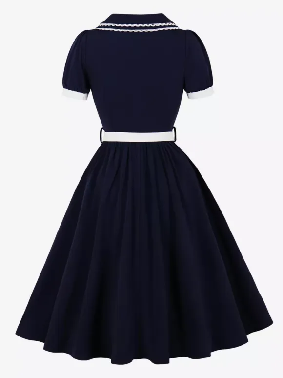 Double Layer Peter Pan Collar Embroidery Puff Sleeve Swing Dress For Women 2026