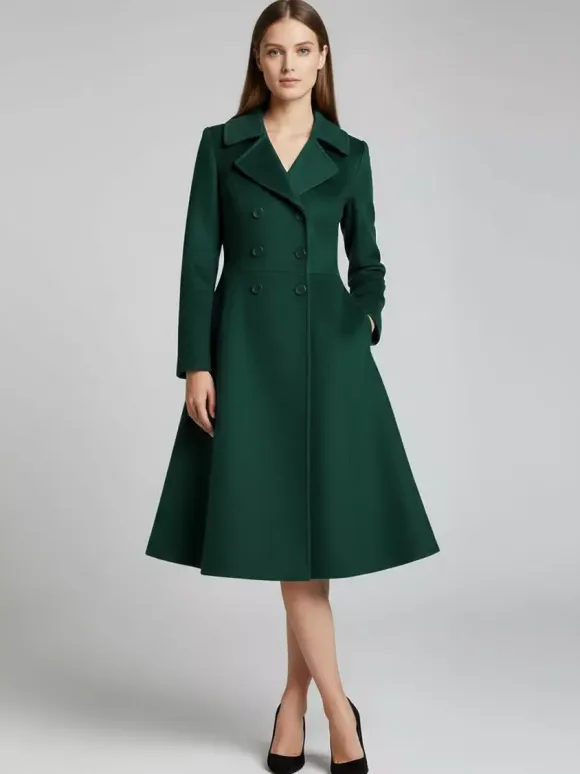 Double-Breasted Wool Blend Midi Coat With Flared A-Line Silhouette For Women 2026