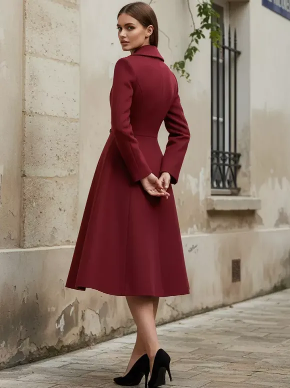 Double-Breasted Wool Blend Midi Coat With Flared A-Line Silhouette For Women 2026