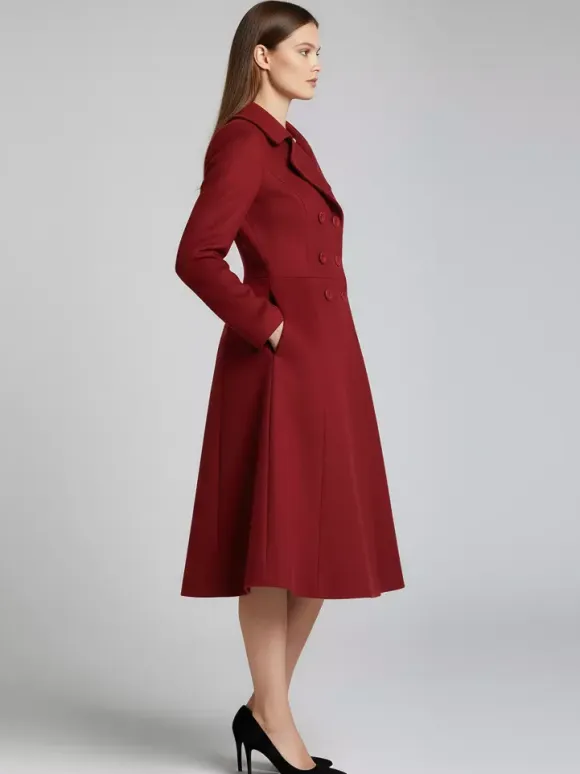 Double-Breasted Wool Blend Midi Coat With Flared A-Line Silhouette For Women 2026