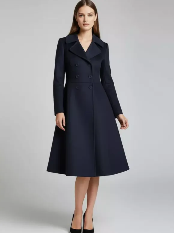 Double-Breasted Wool Blend Midi Coat With Flared A-Line Silhouette For Women 2026