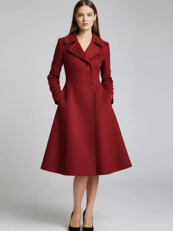 Double-Breasted Wool Blend Midi Coat With Flared A-Line Silhouette For Women 2026