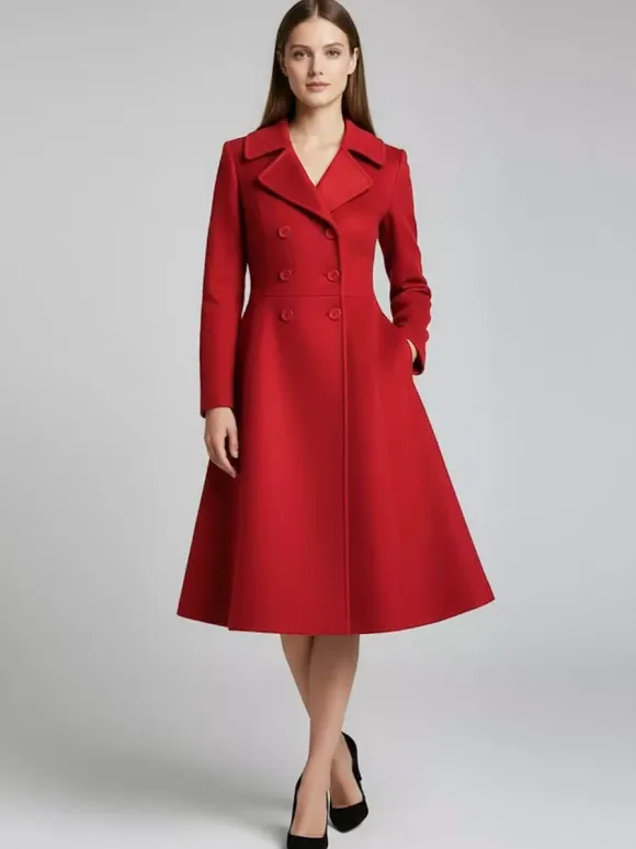 Double-Breasted Wool Blend Midi Coat With Flared A-Line Silhouette For Women 2026