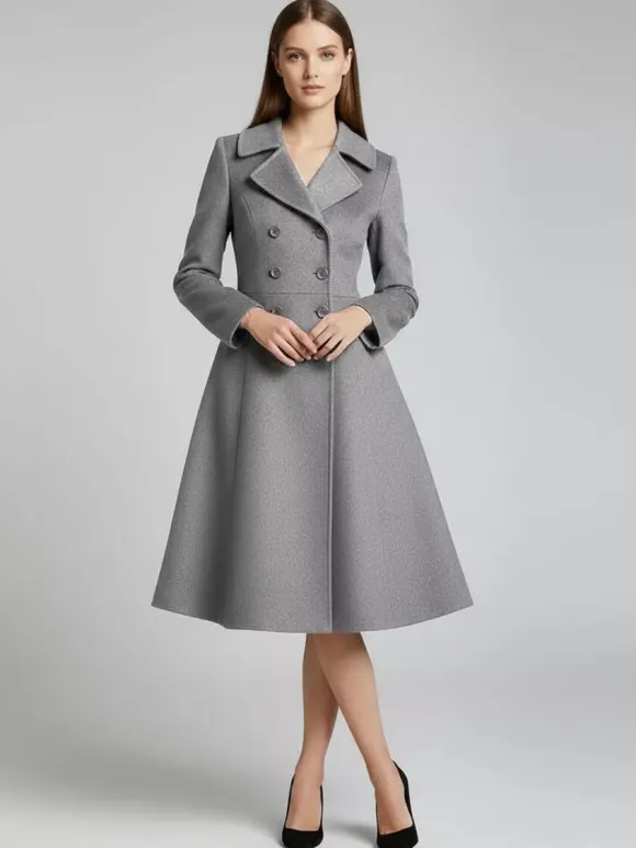 Double-Breasted Wool Blend Midi Coat With Flared A-Line Silhouette For Women 2026