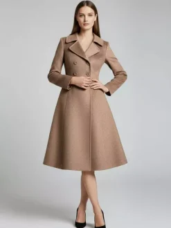 Double-Breasted Wool Blend Midi Coat With Flared A-Line Silhouette For Women 2026