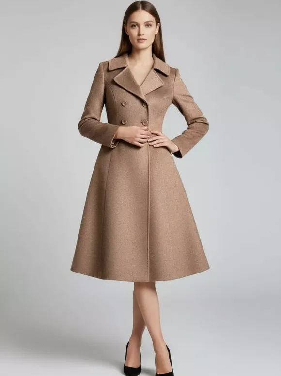 Double-Breasted Wool Blend Midi Coat With Flared A-Line Silhouette For Women 2026