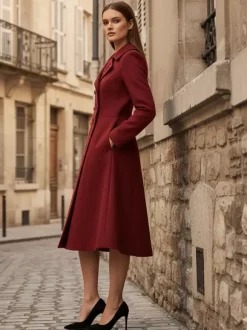 Double-Breasted Wool Blend Midi Coat With Flared A-Line Silhouette For Women 2026