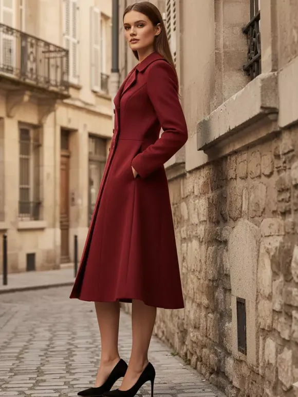 Double-Breasted Wool Blend Midi Coat With Flared A-Line Silhouette For Women 2026