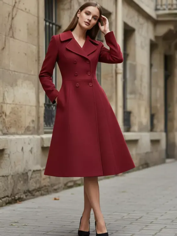 Double-Breasted Wool Blend Midi Coat With Flared A-Line Silhouette For Women 2026