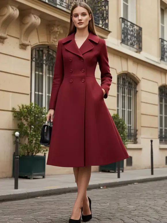 Double-Breasted Wool Blend Midi Coat With Flared A-Line Silhouette For Women 2026