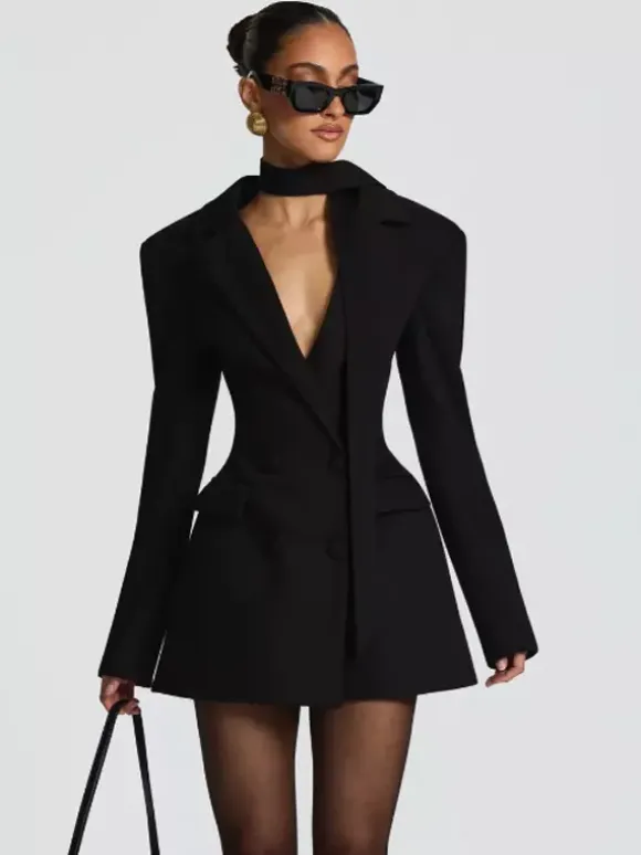 Double Breasted Blazer Dress With Scarf For Women 2026