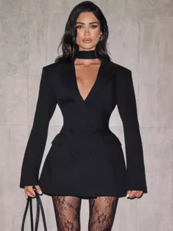 Double Breasted Blazer Dress With Scarf For Women 2026