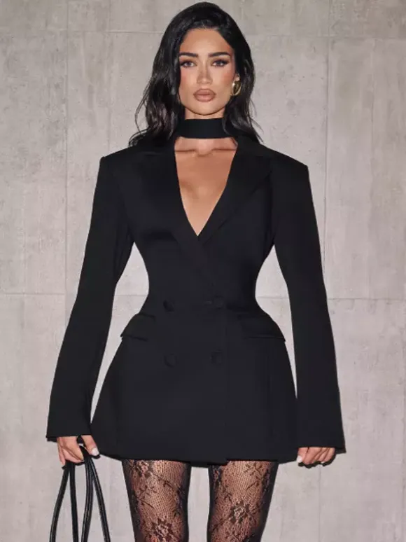 Double Breasted Blazer Dress With Scarf For Women 2026