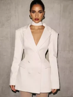 Double Breasted Blazer Dress With Scarf For Women 2026