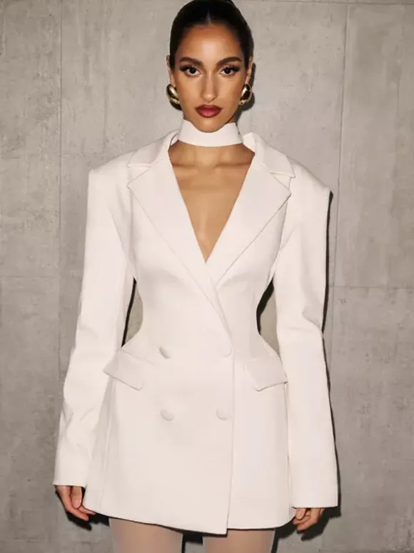 Double Breasted Blazer Dress With Scarf For Women 2026