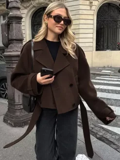 Double Breasted Women's Short Jacket - Chic Belted Cropped Fit - Quiet Luxury Spring Casual Streetwear 2026