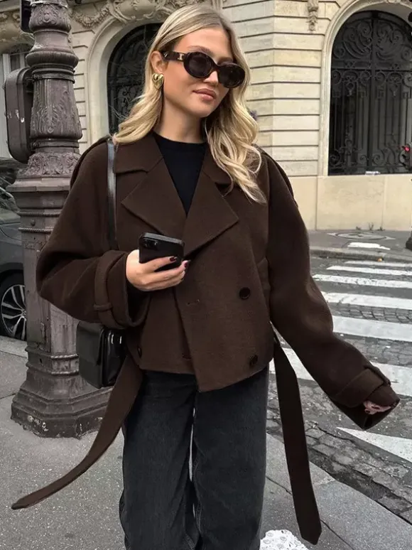 Double Breasted Women's Short Jacket - Chic Belted Cropped Fit - Quiet Luxury Spring Casual Streetwear 2026