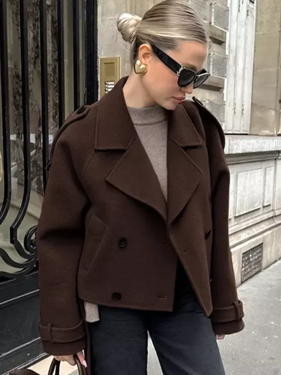 Double Breasted Women's Short Jacket - Chic Belted Cropped Fit - Quiet Luxury Spring Casual Streetwear 2026