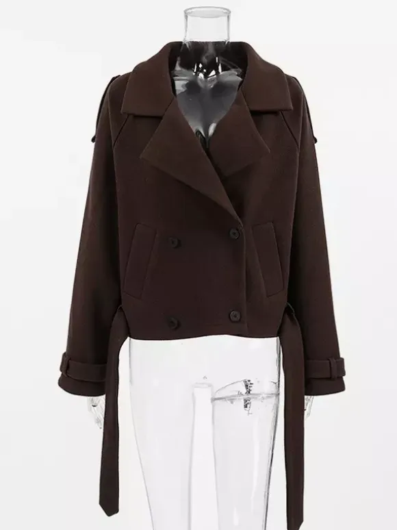 Double Breasted Women's Short Jacket - Chic Belted Cropped Fit - Quiet Luxury Spring Casual Streetwear 2026