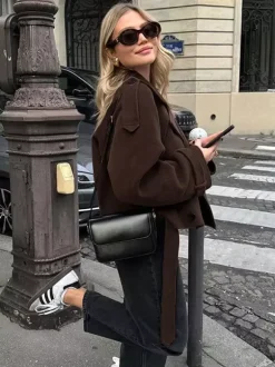 Double Breasted Women's Short Jacket - Chic Belted Cropped Fit - Quiet Luxury Spring Casual Streetwear 2026