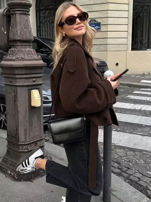 Double Breasted Women's Short Jacket - Chic Belted Cropped Fit - Quiet Luxury Spring Casual Streetwear 2026