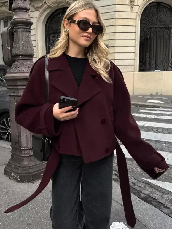Double Breasted Women's Short Jacket - Chic Belted Cropped Fit - Quiet Luxury Spring Casual Streetwear 2026