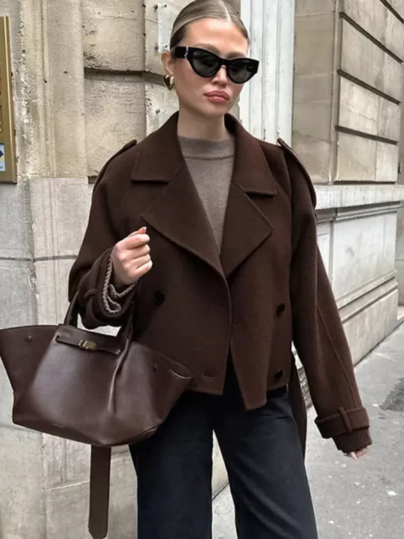 Double Breasted Women's Short Jacket - Chic Belted Cropped Fit - Quiet Luxury Spring Casual Streetwear 2026
