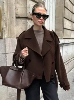 Double Breasted Women's Short Jacket - Chic Belted Cropped Fit - Quiet Luxury Spring Casual Streetwear 2026
