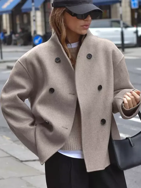 Double Breasted Women's Short Coat - Minimalist Stand Collar Boxy Outerwear - Old Money Aesthetic Spring Streetwear 2026