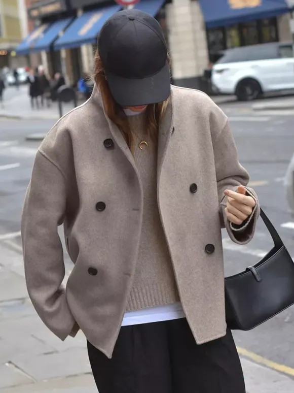 Double Breasted Women's Short Coat - Minimalist Stand Collar Boxy Outerwear - Old Money Aesthetic Spring Streetwear 2026