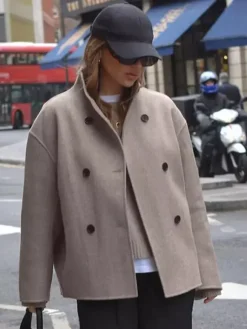 Double Breasted Women's Short Coat - Minimalist Stand Collar Boxy Outerwear - Old Money Aesthetic Spring Streetwear 2026