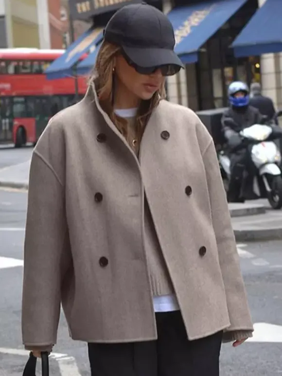 Double Breasted Women's Short Coat - Minimalist Stand Collar Boxy Outerwear - Old Money Aesthetic Spring Streetwear 2026