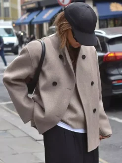 Double Breasted Women's Short Coat - Minimalist Stand Collar Boxy Outerwear - Old Money Aesthetic Spring Streetwear 2026