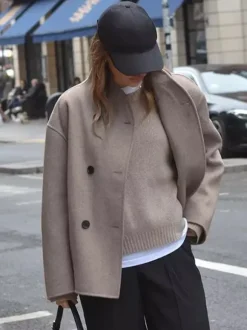 Double Breasted Women's Short Coat - Minimalist Stand Collar Boxy Outerwear - Old Money Aesthetic Spring Streetwear 2026