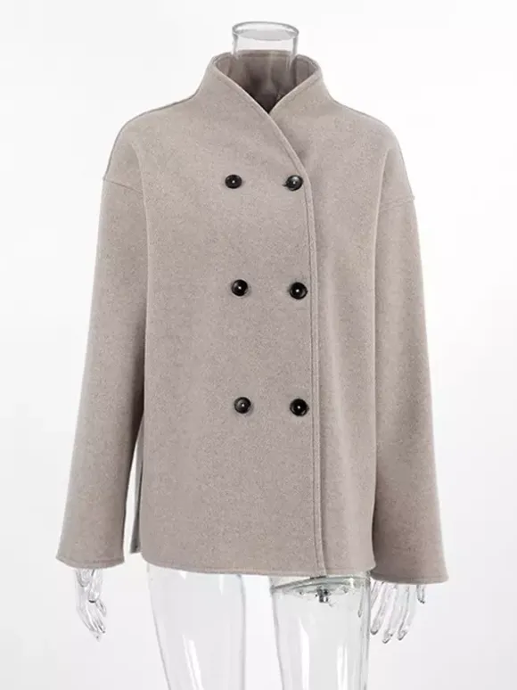 Double Breasted Women's Short Coat - Minimalist Stand Collar Boxy Outerwear - Old Money Aesthetic Spring Streetwear 2026