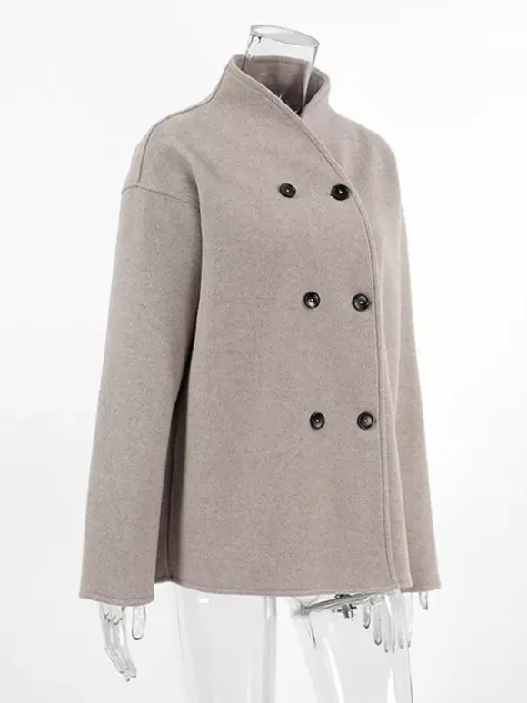 Double Breasted Women's Short Coat - Minimalist Stand Collar Boxy Outerwear - Old Money Aesthetic Spring Streetwear 2026