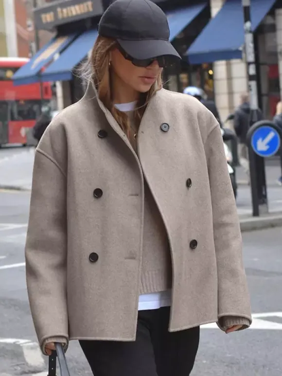 Double Breasted Women's Short Coat - Minimalist Stand Collar Boxy Outerwear - Old Money Aesthetic Spring Streetwear 2026